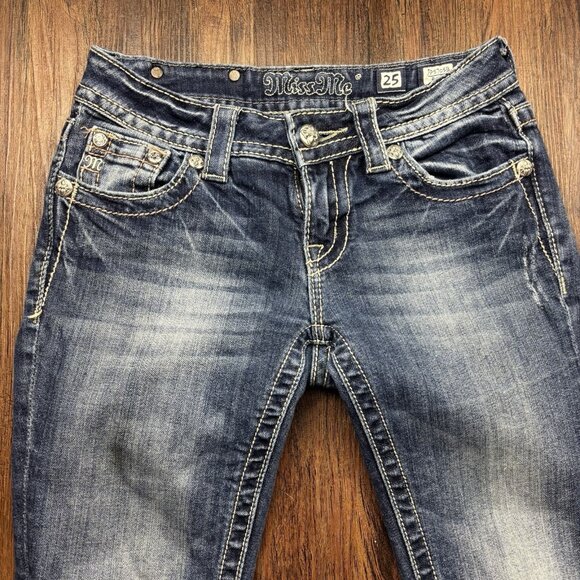 Miss Me Boot Jeans Rhinestones Studded Distressed Medium Wash Size 25 - Picture 3 of 12